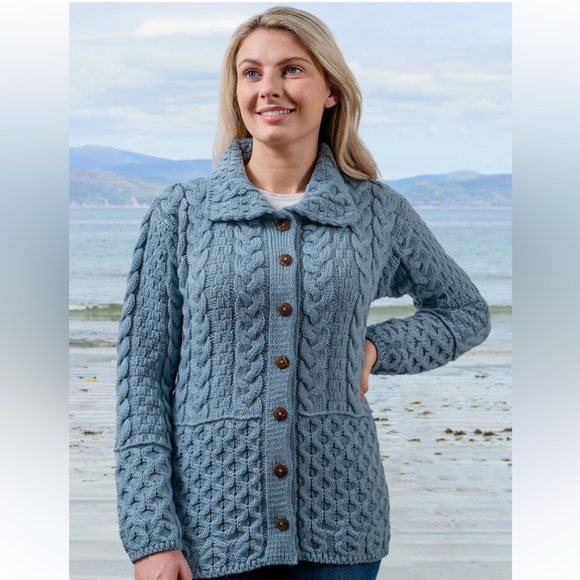 Aran Wool Honeycomb Button Up Cardigan Misty Marl - Picture 1 of 7